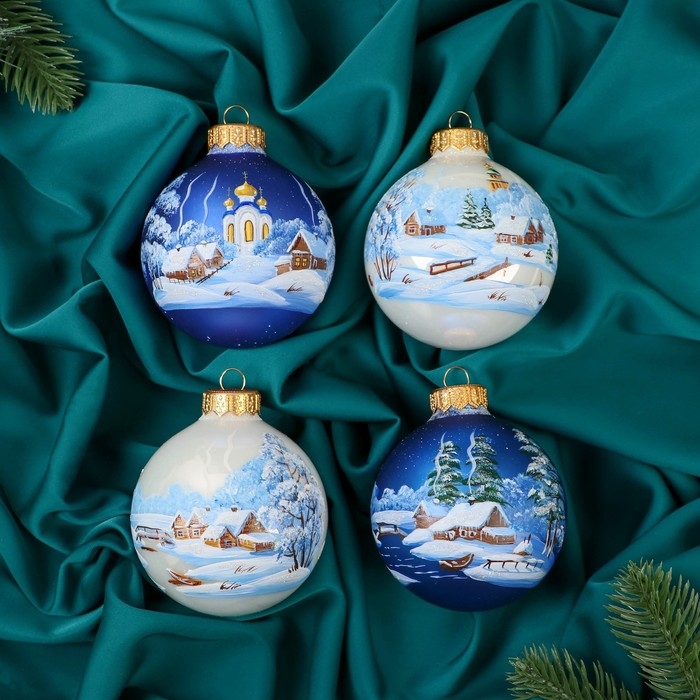 Набор из 4-х ёлочных шаров 80 мм «Зимняя композиция» Набор из 4-х ёлочных шаров 80 мм «Зимняя композиция»