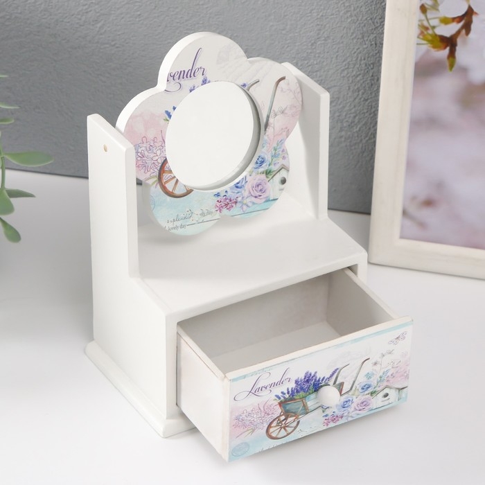 Шкатулка дерево 1 ящик с зеркалом  Шкатулка дерево 1 ящик с зеркалом "Тележка лаванды" 11х7,5х14,8 см