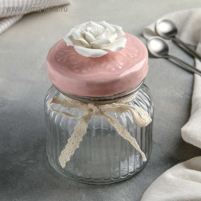 Банка стеклянная для сыпучих продуктов «Роза», 600 мл, 11×14 см, цвет крышки розовый Банка стеклянная для сыпучих продуктов «Роза», 600 мл, 11×14 см, цвет крышки розовый