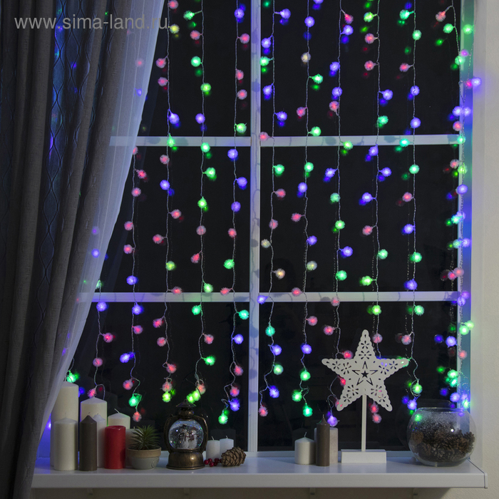 Гирлянда «Занавес» 2 × 1.5 м с насадками «Ёжики», IP20, прозрачная нить, 360 LED, свечение мульти (RG/RB), мигание, 220 В