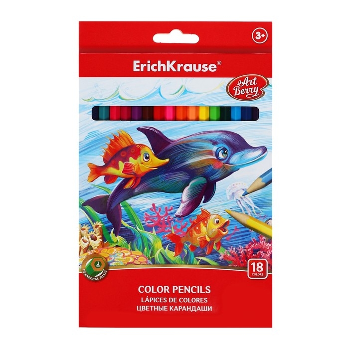 Карандаши 18 цветов ErichKrause ArtBerry премиум, дерево, шестигранные, яркий и мягкий грифель 3.0 мм, картонная упаковка, европодвес Карандаши 18 цветов ErichKrause ArtBerry премиум, дерево, шестигранные, яркий и мягкий грифель 3.0 мм, картонная упаковка, европодвес