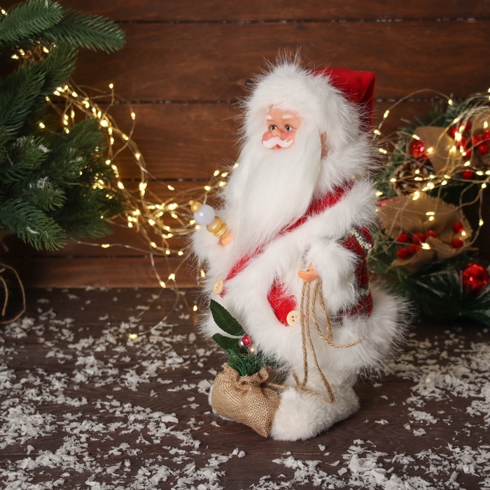 Дед Мороз  Дед Мороз "В пушистом костюме, с мешком" двигается, с подсветкой, 30х19 см, красный