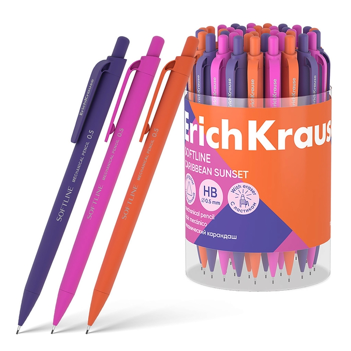 Карандаш механический 0,5 мм ErichKrause Карандаш механический 0,5 мм ErichKrause "Caribbean Sunset" НВ, с ластиком, трехгранный корпус Soft-touch, тубус, микс