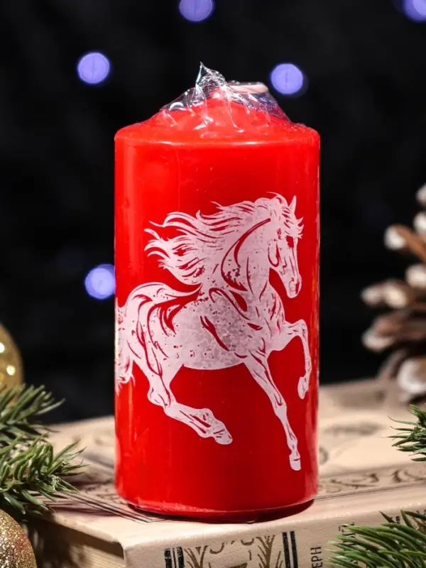 Свеча столб 50*100 мм с накаткой "Символ года" , Конь, красная