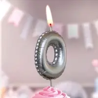 Свеча в торт на шпажке "Воздушая цифра", цифра "0", серебро