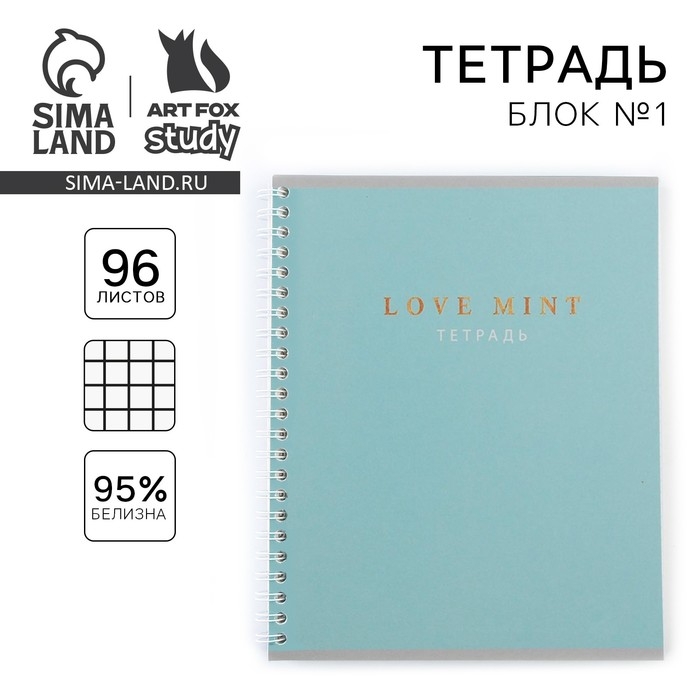 Тетрадь в клетку, 96 листов А5 на спирали, Love mint, обложка мелованный картон 215 г белизна 96%