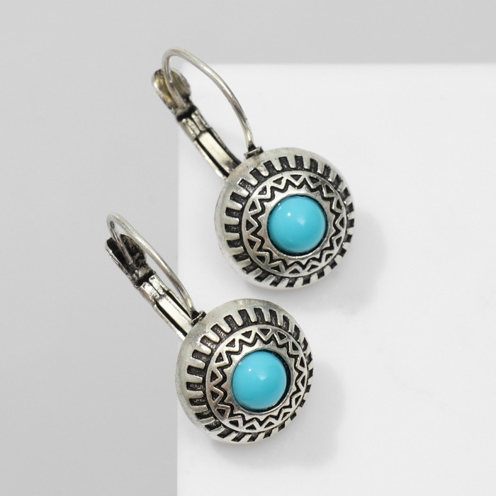 Серьги «Этника» круг в узорах, цвет голубой в чернёном серебре Серьги «Этника» круг в узорах, цвет голубой в чернёном серебре