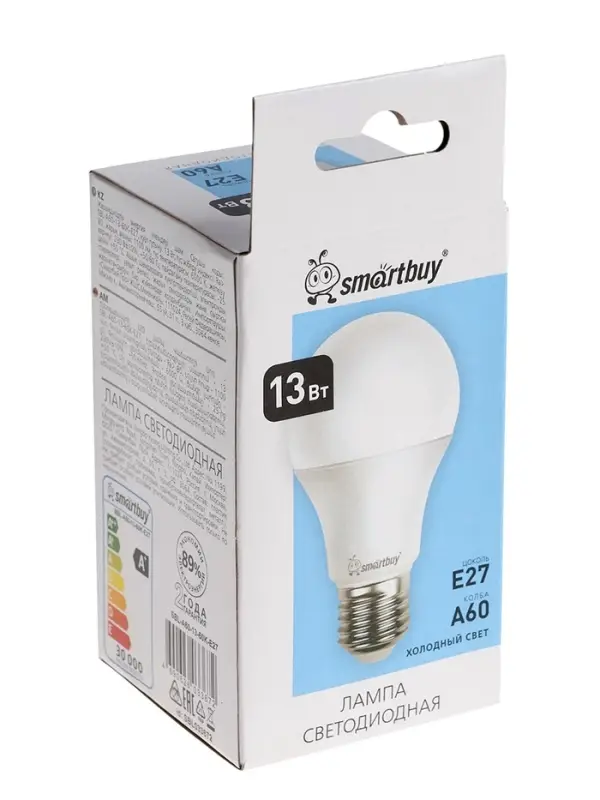 Лампа светодиодная Smartbuy, E27, A60, 13 Вт, 6000К, свечение холодное белое