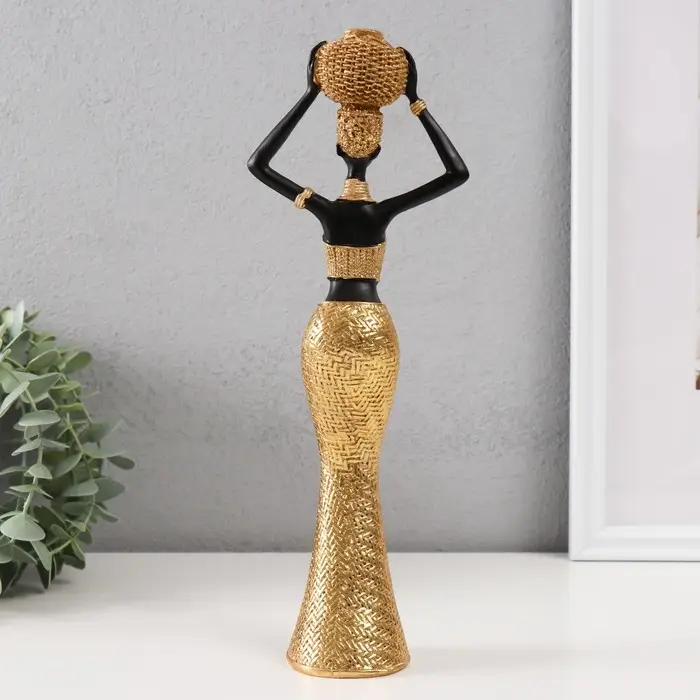 Сувенир полистоун "Африканка с плетёным круглым кувшином" золото 10х6х28 см