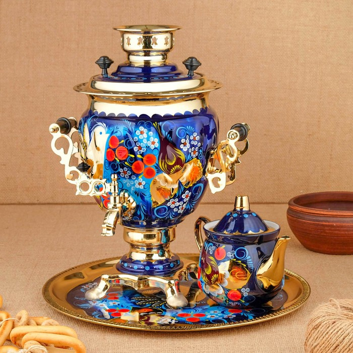 Набор «Птица на синем», жёлудь, 3 предмета, самовар 3 л, заварочный чайник 0,7 л, поднос Набор «Птица на синем», жёлудь, 3 предмета, самовар 3 л, заварочный чайник 0,7 л, поднос