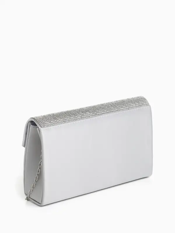 Сумка-клатч женская вечерняя на магните, на длинной цепочке, комбинированная, серая/серебристая