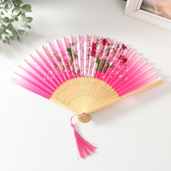 Веер дерево, текстиль h=21 см  Веер дерево, текстиль h=21 см "Цветение пиона" розовый, с кисточкой