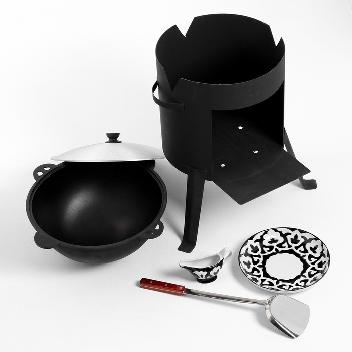 Набор для плова 5 предметов, казан 10л, печь под казан, соусник, ляган 28см, шумовка 45см Набор для плова 5 предметов, казан 10л, печь под казан, соусник, ляган 28см, шумовка 45см