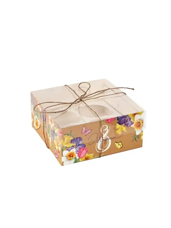 Коробка для капкейков, кондитерская упаковка, 4 ячейки &laquo;С 8 марта&raquo;, 16&times;16&times;7.5 см