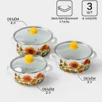 Кастрюли эмалированные &laquo;Подсолнечный&raquo;, набор 3 шт., 2 л, 3 л, 4 л, с деколью, белые