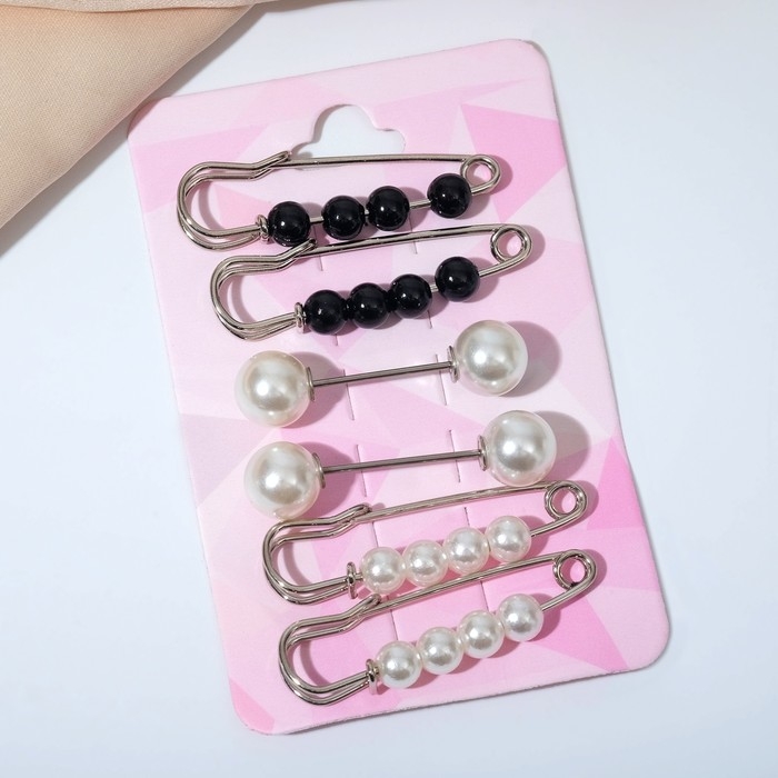 Набор булавок (6 шт.) «Жемчужины», 3,5 см, цвет чёрно-белый в серебре Набор булавок (6 шт.) «Жемчужины», 3,5 см, цвет чёрно-белый в серебре