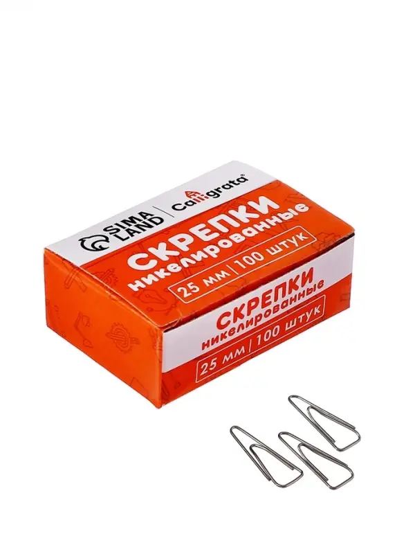 Скрепки 25 мм никелированные в картонной коробке 100 штук, загнутые
