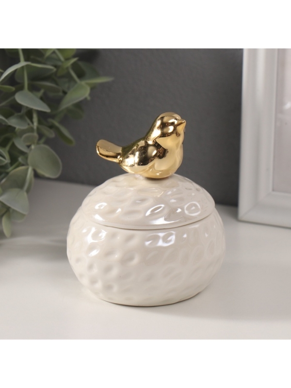 Шкатулка керамика "Золотая птичка на гнезде" белый перламутр 8,5х8,5х10 см