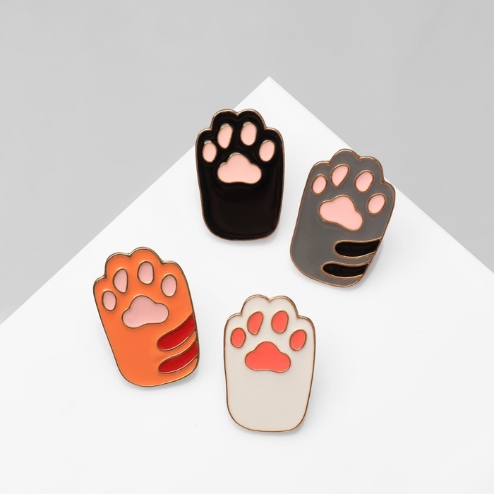 Набор значков (4 шт.) «Лапки» кошачьи, цветной в золоте Набор значков (4 шт.) «Лапки» кошачьи, цветной в золоте