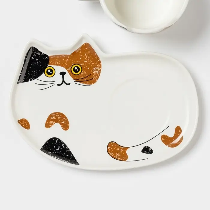 Чайная пара &laquo;Котик&raquo;, 3 предмета: чашка 200 мл, блюдце 18.8&times;13.6 см, ложка, керамика, белая