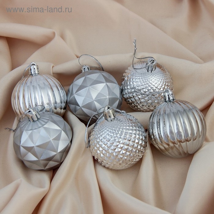 Набор шаров пластик d-6 см, 6 шт Набор шаров пластик d-6 см, 6 шт "Призма" серебро