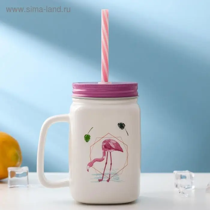 Кружка керамическая с металлической крышкой и трубочкой «Фламинго», 450 мл, цвет МИКС Кружка керамическая с металлической крышкой и трубочкой «Фламинго», 450 мл, цвет МИКС
