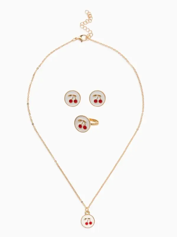 Набор детский "Выбражулька" 3 пред-а: кулон, кольцо, серьги, вишня, бело-красный в золоте