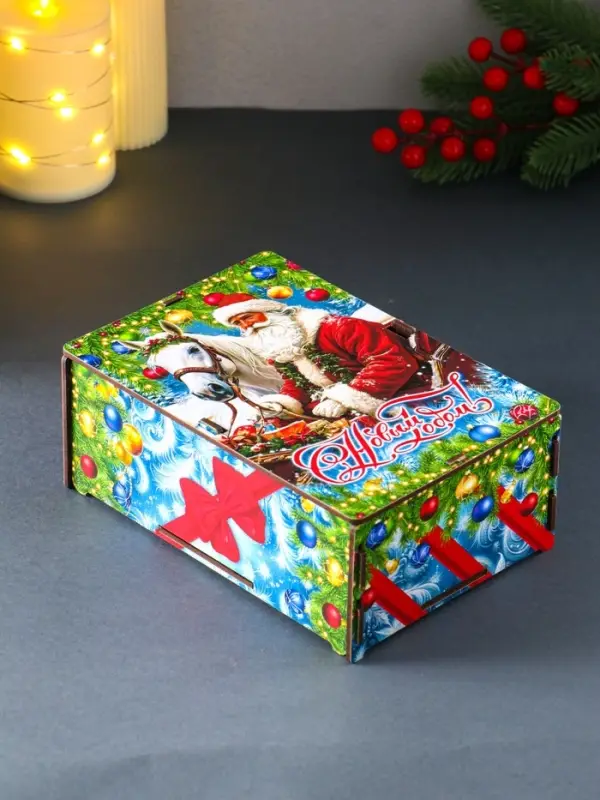 Шкатулка-ящик  самосборный малый с символом года "Дед Мороз и лошадь",  20х13,6х8 см