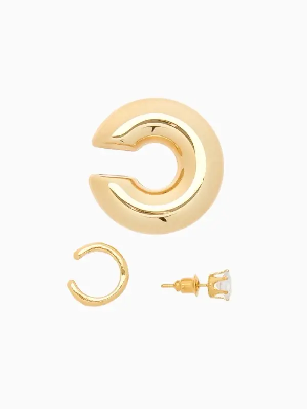 Серьга и кафф QF &laquo;Бублик&raquo;, набор 3 шт. стразы, цвет золото