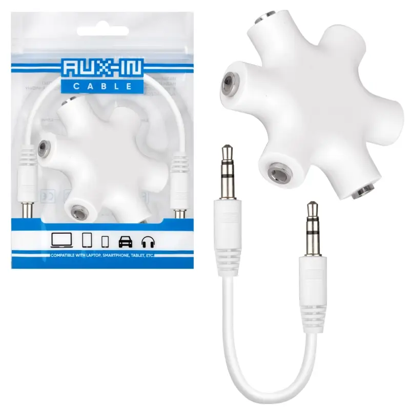 Кабель AUX 3,5 мм 6 в 1 белый (1200шт/кор)