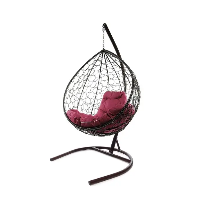 Подвесное кресло - кокон &laquo;Капля&raquo;, 193&times;98&times;72 см, коричневое, на стойке, с ротангом, с бордовой подушкой