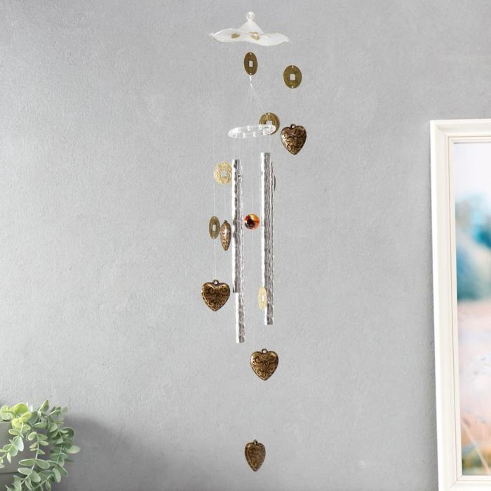 Музыка ветра пластик. металл Музыка ветра пластик. металл "Сердечки и китайские монеты" 4 трубки 70 см