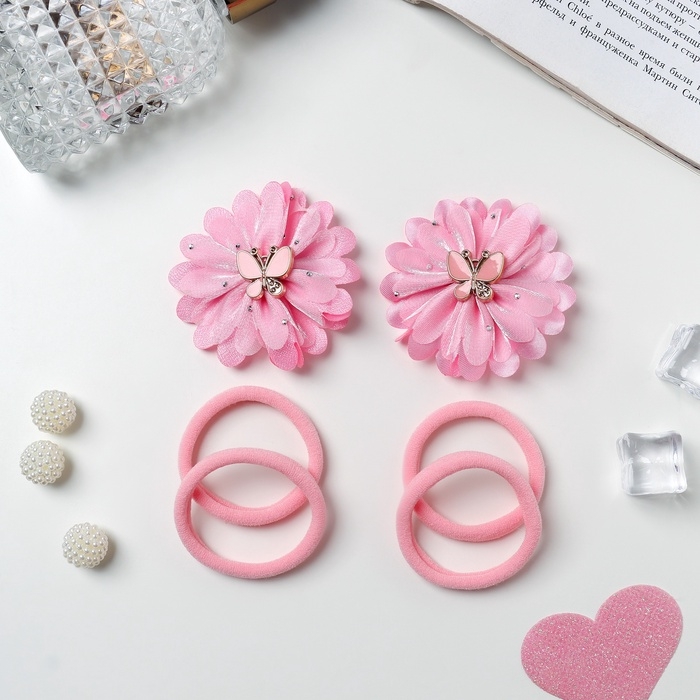 Набор для волос Набор для волос "Кокетка" (4 резинки 4 см, 2 зажима 6 см) нежность бабочка, розовый