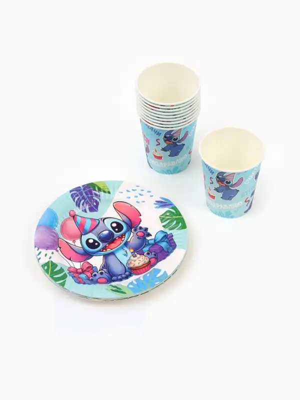 Посуда одноразовая бумажная на 10 персон: стаканы, тарелки, скатерть, Стич Посуда одноразовая бумажная на 10 персон: стаканы, тарелки, скатерть, Стич