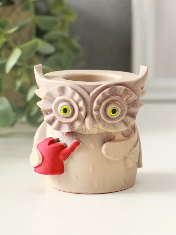 Карандашница "Сова с лейкой", 8х8 см, гипс, слоновая кость