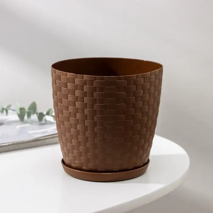 Горшок для цветов с поддоном &laquo;Ротанг&raquo;, 1.2 л, d=13 см, h=12 см, пластиковый, коричневый