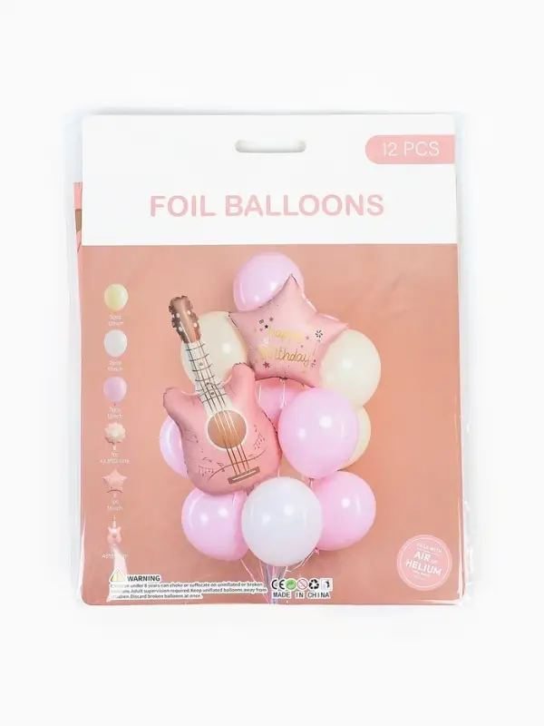 Воздушные шары "Розовая гитара" фольга, латекс, набор 12 штук