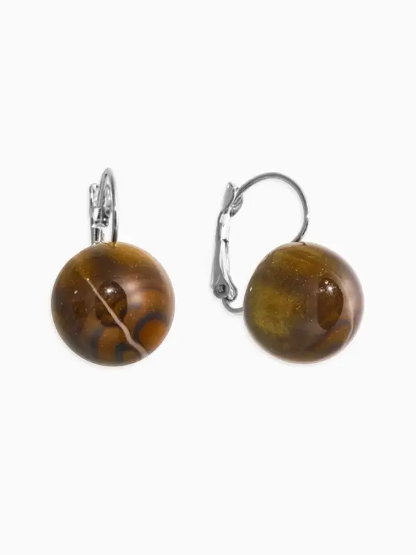 Серьги пластик "Шар №16" с разводами и блёстками, цвет тигровый глаз в серебре