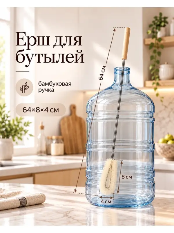 Ерш для бутылей, 64&times;8&times;4 см, форма кольцо, бамбуковая ручка, ворс бежевый