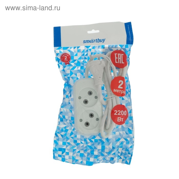 Удлинитель Smartbuy, 2 розетки, 2 м, 10 А, 2200 Вт, ПВС 2х1 мм2, без з/к, белый Удлинитель Smartbuy, 2 розетки, 2 м, 10 А, 2200 Вт, ПВС 2х1 мм2, без з/к, белый