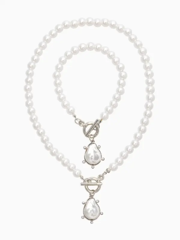 Набор 2 пред-а: колье,браслет "Жемчуг с подвеской барочной" 18/42 №8, цвет белый в серебре   1093712