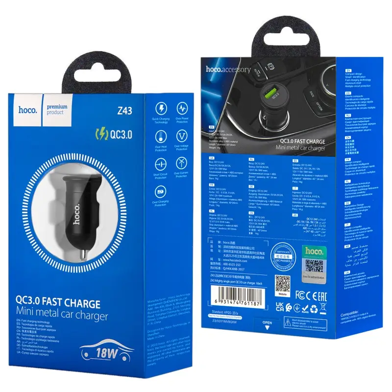 * Переходник Z43 АЗУ на USB 18W QC3.0 HOCO черный * Переходник Z43 АЗУ на USB 18W QC3.0 HOCO черный