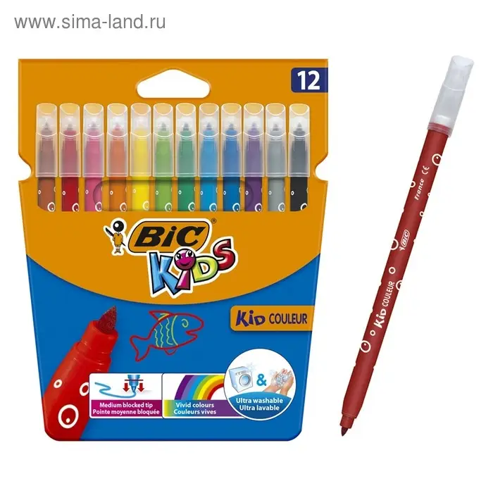 Фломастеры 12 цветов BIC Kid Couleur, детские, смываемые, среднее письмо Фломастеры 12 цветов BIC Kid Couleur, детские, смываемые, среднее письмо