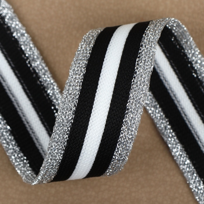 Тесьма трикотажная лампас 25 мм, 9,1 ± 0,5 м, цвет серебряный/чёрный/белый
