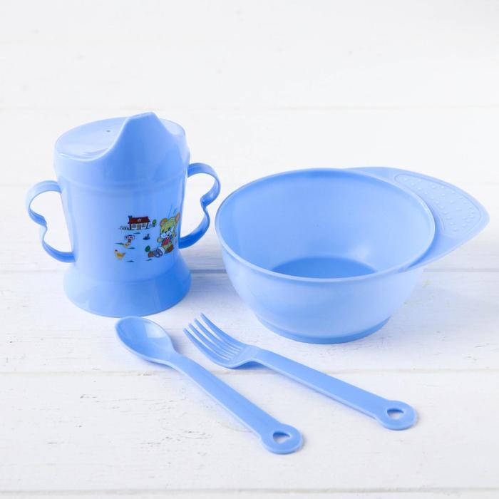 Набор детской посуды, 4 предмета: миска, ложка, вилка, поильник с твёрдым носиком 200 мл, цвета МИКС Набор детской посуды, 4 предмета: миска, ложка, вилка, поильник с твёрдым носиком 200 мл, цвета МИКС