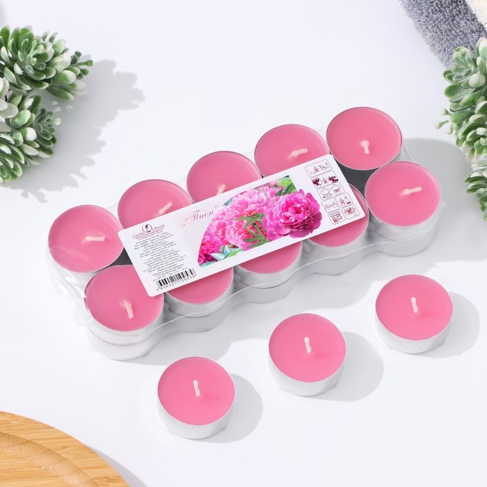 Набор чайных свечей ароматических в термоусадке Набор чайных свечей ароматических в термоусадке "Пион", 3,8х1,6 см, 3,5 ч, 12 г, 20 штук