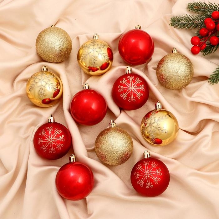 Набор шаров пластик d-6 см, 12 шт Набор шаров пластик d-6 см, 12 шт "Снежная феерия ассорти узоры" золотисто-красный
