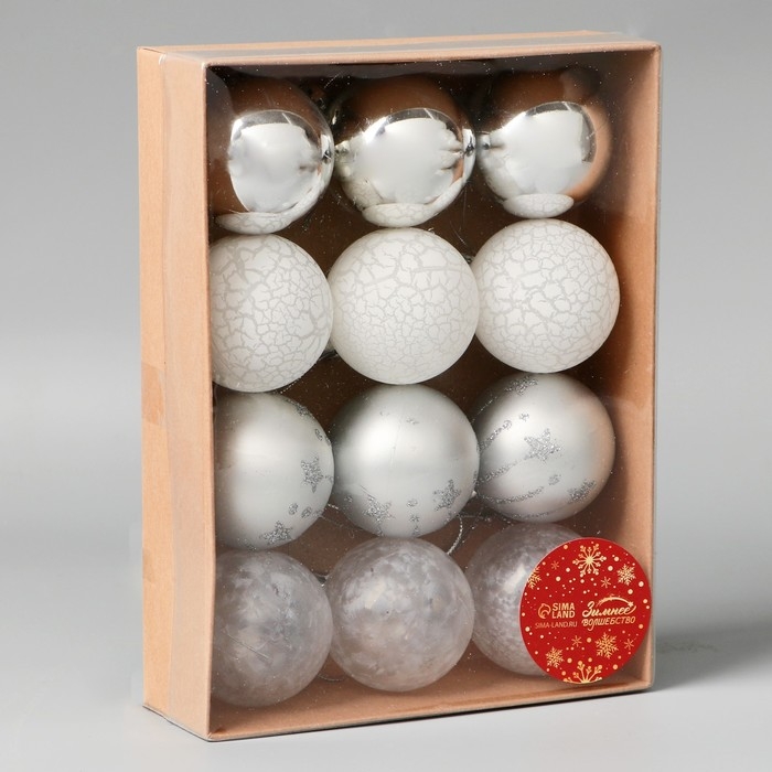 Набор шаров пластик d-5 см, 12 шт Набор шаров пластик d-5 см, 12 шт "Морозная ночь" серебро белый