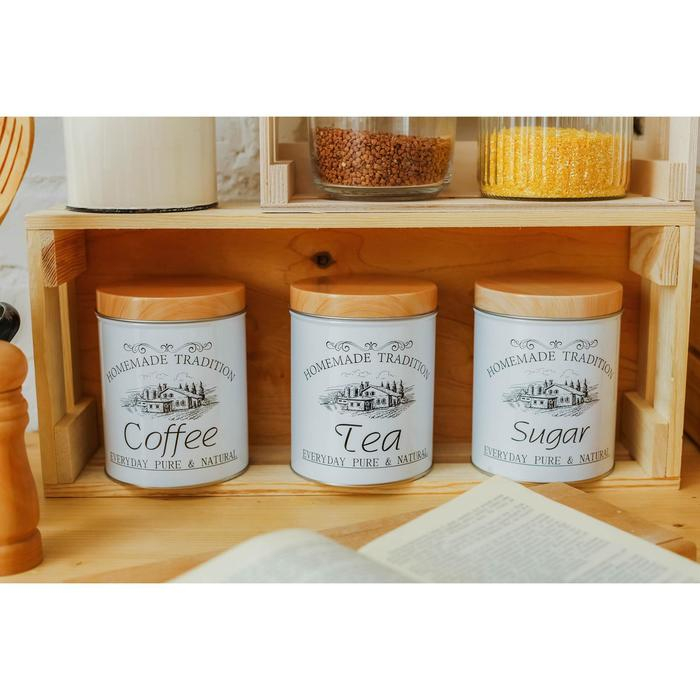 Банки жестяные для хранения сыпучих продуктов Sugar Coffee Tea, 1,2 л, 10,5×14 см, 3 шт, цвет серый Банки жестяные для хранения сыпучих продуктов Sugar Coffee Tea, 1,2 л, 10,5×14 см, 3 шт, цвет серый