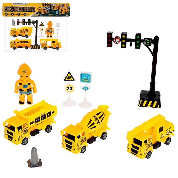 Набор машинок «Спецтехника», 3 шт, дорожные знаки, МИКС Набор машинок «Спецтехника», 3 шт, дорожные знаки, МИКС